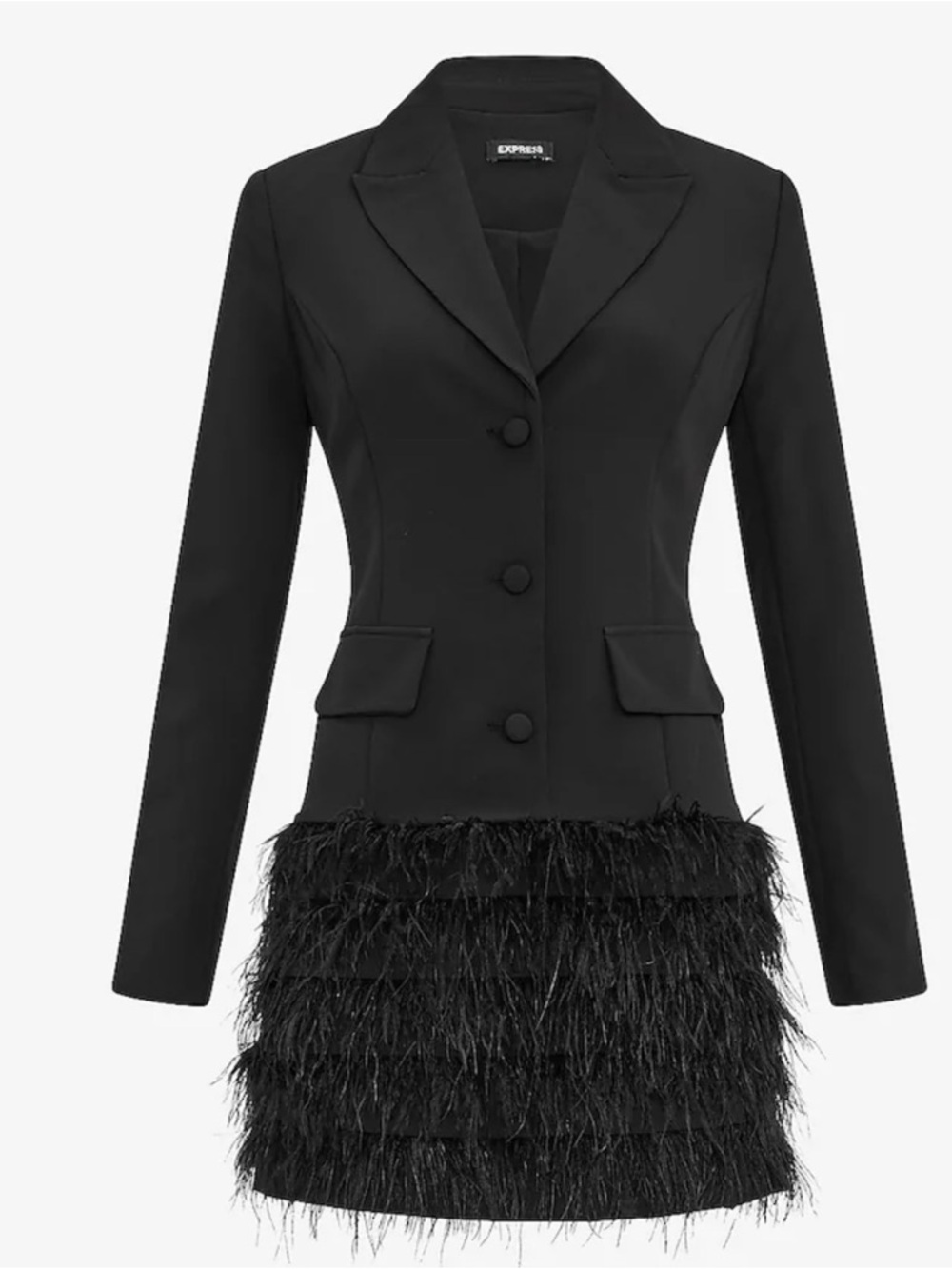 new Express Black ostrich Feather-Tier Blazer dress, sz 12